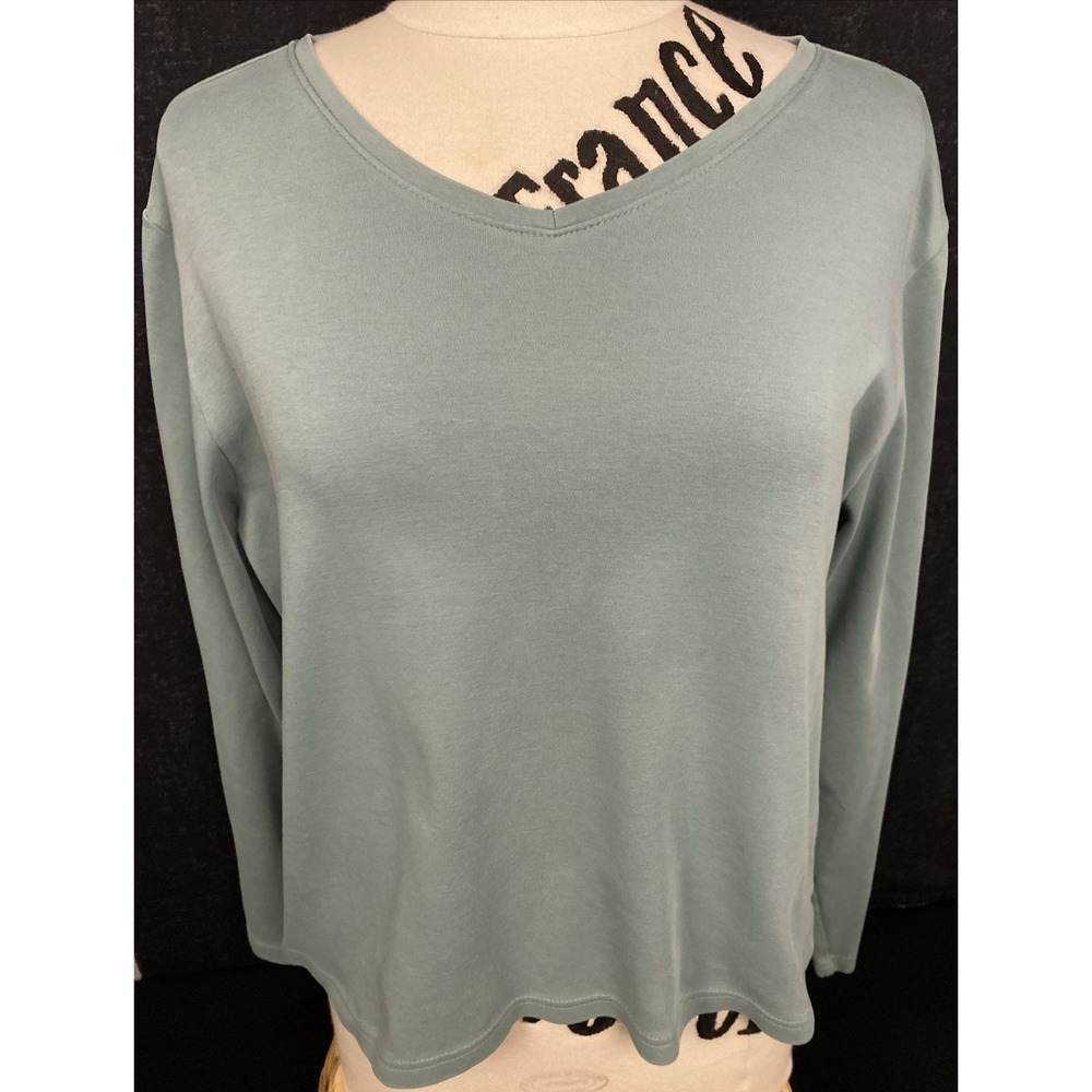 LL BEAN Womens Green V Neck Tee Large‎ Long Sleeve Cropped XL Item OBJW3